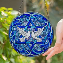 Star of David Doves Stained Glass Art, Blue & White Tiffany Style Intricate Mosaic Patterns Stained Glass Suncatcher