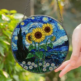 Sunflowers Starry Night Stained Glass Daisies - Tiffany Style Jewel Tone Mosaic Art Stained Glass Suncatcher