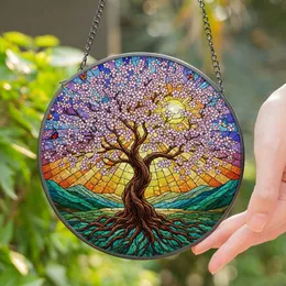 Stained Glass Tree of Life Cherry Blossom Butterflies Mountain Sunset Tiffany Style Decor Stained Glass Suncatcher