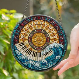 Piano Keyboard Ocean Waves Sunburst Stained Glass Intricate Floral Geometric Art Stained Glass Suncatcher