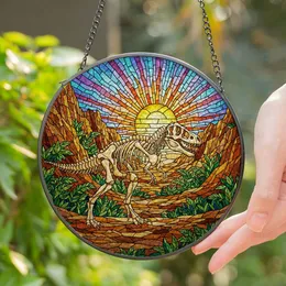 Tyrannosaurus Rex Skeleton Stained Glass Dinosaur Ancient Rocky Landscape Design Stained Glass Suncatcher