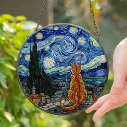 Orange Tabby Cat Rooftop Village Van Gogh Starry Night Stained Glass Window Art Stained Glass Suncatcher