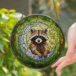 Raccoon Crescent Moon Stained Glass Mosaic Forest Art - Tiffany Style Window Animal Lover Gift Stained Glass Suncatcher