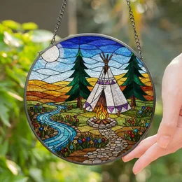 Camping Teepee Campfire River Pine Trees Moon Wildflowers - Tiffany Stained Glass Art Stained Glass Suncatcher