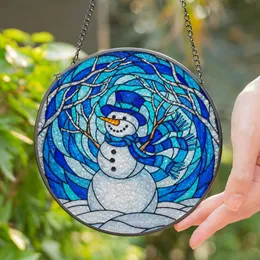 Tiffany Stained Glass Snowman Winter Scene - Blue Scarf, Icy Branches Christmas Decor Stained Glass Suncatcher
