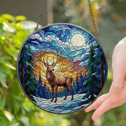 Majestic Stag Golden Antlers Winter Forest Full Moon Night Stained Glass Art Stained Glass Suncatcher