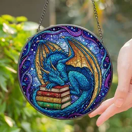 Majestic Sleeping Blue Dragon on Antique Books Stained Glass Celestial Stars Art Stained Glass Suncatcher