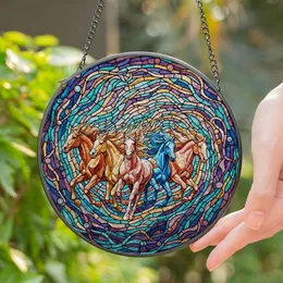 Galloping Horses Stained Glass Mosaic Tiffany Style Art - Glowing Translucent Iridescent Stained Glass Suncatcher