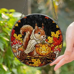 Squirrel Jack-o'-Lantern Pumpkin Autumn Forest Stained Glass Art - Halloween Fall Decor Gift Stained Glass Suncatcher