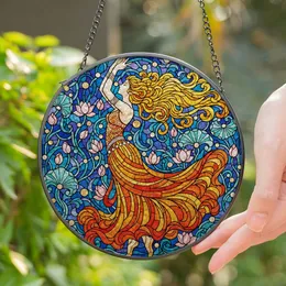 Ornate Woman Dancer Stained Glass Art - Flowing Hair, Skirt, Floral & Tiffany Mosaic Stained Glass Suncatcher