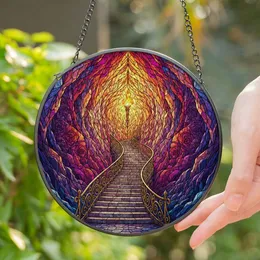 Winding Stone Staircase Mystical Archway Cavern Tiffany Style Jewel Tone Walls Stained Glass Suncatcher