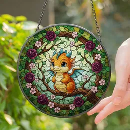 Baby Dragon Tiffany Stained Glass with Gnarled Branch, Roses & Verdant Forest Art Stained Glass Suncatcher