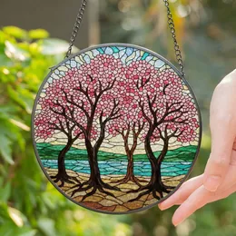 Pink Blossom Deciduous Tree Grove Stained Glass Art Tiffany Jewel Tone Window Display Stained Glass Suncatcher