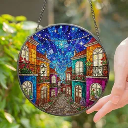 Stained Glass Cobblestone Street Urban Night Sky Fairy Lights with Blooming Flowers Buildings Stained Glass Suncatcher