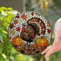 Stained Glass Turkey Autumn Leaves Pumpkin Tiffany Art - Thanksgiving Fall Decor Stained Glass Suncatcher