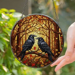Black Ravens Stained Glass Autumn Forest Mosaic - Glowing Translucent Jewel Tones Fall Art Decor Stained Glass Suncatcher