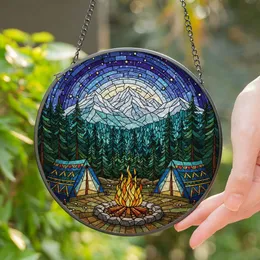Campfire Camping Tents Forest Mountain Stained Glass Night Sky - Outdoor Lover Gift Stained Glass Suncatcher