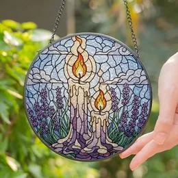 Stained Glass Candles Lavender Plants Sky Mosaic - Intricate Translucent Jewel Tone Art Stained Glass Suncatcher