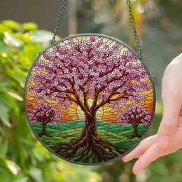 Cherry Blossom Tree Stained Glass Art - Pink Blossoms Sun Landscape Home Decor Stained Glass Suncatcher