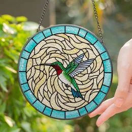 Iridescent Hummingbird Stained Glass Art, Red Throat, Jewel Tone Mosaic Background Stained Glass Suncatcher