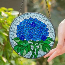 Blue Hydrangea Flowers Tiffany Stained Glass Artwork with Green Leaves & Mosaic Sky Stained Glass Suncatcher