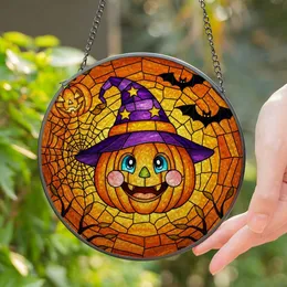 Cartoon Jack-o'-Lantern Witch Hat Bats Spiderweb Stained Glass Autumn Sky Halloween Decor Stained Glass Suncatcher