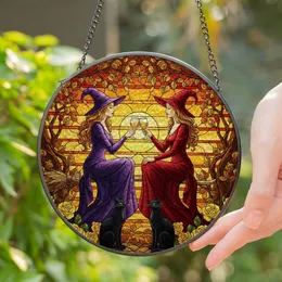 Witches Toasting Wine, Black Cats, Roses, Sunset & Autumn Leaves Tiffany Glass Artwork Stained Glass Suncatcher