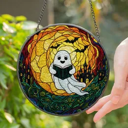 Reading Ghost Moon Bats Castle Glowing Stained Glass Night Sky Mosaic Decor Stained Glass Suncatcher