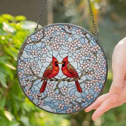 Tiffany Stained Glass Cardinal Birds Cherry Blossom Mosaic with Blue Sky Background Stained Glass Suncatcher