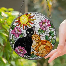 Stained Glass Black Cat Tabby Sun Flowers Mosaic - Cat Lover Home Decor Gift Stained Glass Suncatcher