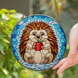 Hedgehog Holding Red Apple Tiffany Stained Glass Mosaic – Glowing Jewel Tone Window Decor Stained Glass Suncatcher