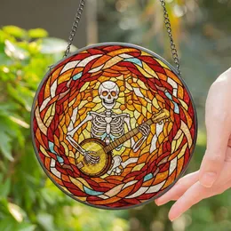 Skeleton Banjo Intricate Stained Glass Mosaic - Tiffany Style Jewel Tone Art Decor Gift Stained Glass Suncatcher