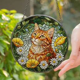 Ginger Tabby Cat Daisy Poppy Flowers - Tiffany Glass Mosaic Home Window Decor for Cat Lovers Stained Glass Suncatcher