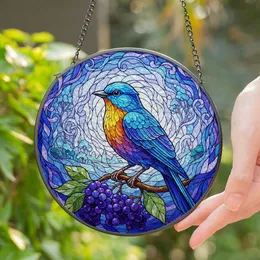Vibrant Blue Bird Stained Glass Art with Deep Purple Berries - Tiffany Style Jewel Tones Stained Glass Suncatcher