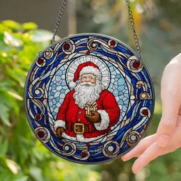 Santa Claus Christmas Stained Glass Art Gift - Glowing Jewel Tones Mosaic Design Stained Glass Suncatcher