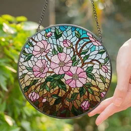Stained Glass Fuchsia Pink Blooming Flowers Dark Green Foliage Tiffany Style Mosaic Art Stained Glass Suncatcher