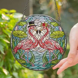 Flamingo Couple Heart Stained Glass - Top Hat & Floral Headpiece Aquatic Jewel Tones Stained Glass Suncatcher