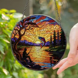 Tiffany Style Fisherman Jumping Fish Stained Glass - Lake Mountain Sunrise Sunset Art Gift for Dad Stained Glass Suncatcher