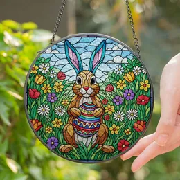 Sitting Bunny Rabbit Stained Glass Easter Egg - Vibrant Spring Meadow Colorful Tiffany Art Stained Glass Suncatcher