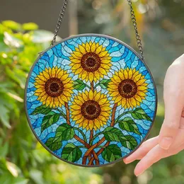 Vibrant Tiffany Stained Glass Four Blooming Sunflowers - Blue Sky Mosaic Jewel Tone Art Stained Glass Suncatcher