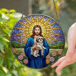Jesus Christ Shih Tzu Dog Stained Glass Sunburst Flowers Translucent Jewel Tones Stained Glass Suncatcher