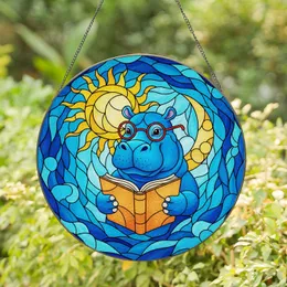 Smiling Light Blue Hippo Reading Book, Stained Glass Sun Moon Water Ripple Mosaic Art Stained Glass Suncatcher