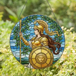 Athena Warrior Goddess Golden Shield Spear Stained Glass Mosaic Olive Wreath Landscape Stained Glass Suncatcher