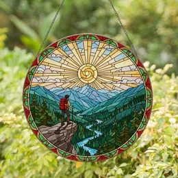 Solitary Hiker Mountain Landscape - Stained Glass Cliff Edge Adventure Nature Art Stained Glass Suncatcher
