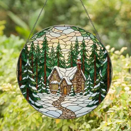 Snow-dusted Stone Cottage Evergreen Pine Forest - Tiffany Jewel Tone Stained Glass Art Stained Glass Suncatcher