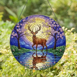 Majestic Stag Deer Moonlit Night - Tiffany Stained Glass Cherry Blossom Art Stained Glass Suncatcher