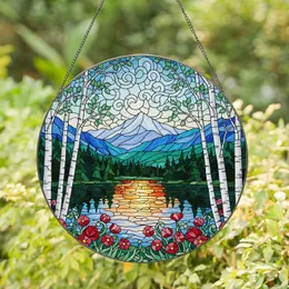 Lake Reflection Setting Sun Birch Tree Mountain Wildflowers Conifer Scene Decor Gift Stained Glass Suncatcher
