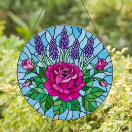 Magenta Rose Pink Rosebuds Purple Flowers Blue Mosaic - Tiffany Style Stained Glass Floral Art Stained Glass Suncatcher