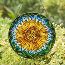 Radiant Sunflower Stained Glass Mosaic with Textured Petals, Sky & Foliage Background Stained Glass Suncatcher