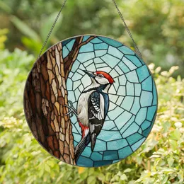 Vibrant Red Woodpecker Stained Glass Art - Tiffany Style Tree Trunk Mosaic Jewel Tones Stained Glass Suncatcher